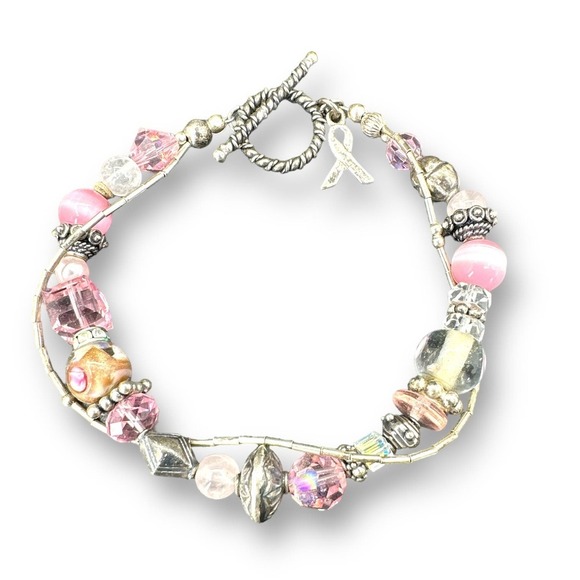Sterling Silver Breast Cancer Awareness Bracelet Cat's Eye Glass Beads Toggle - Picture 1 of 7